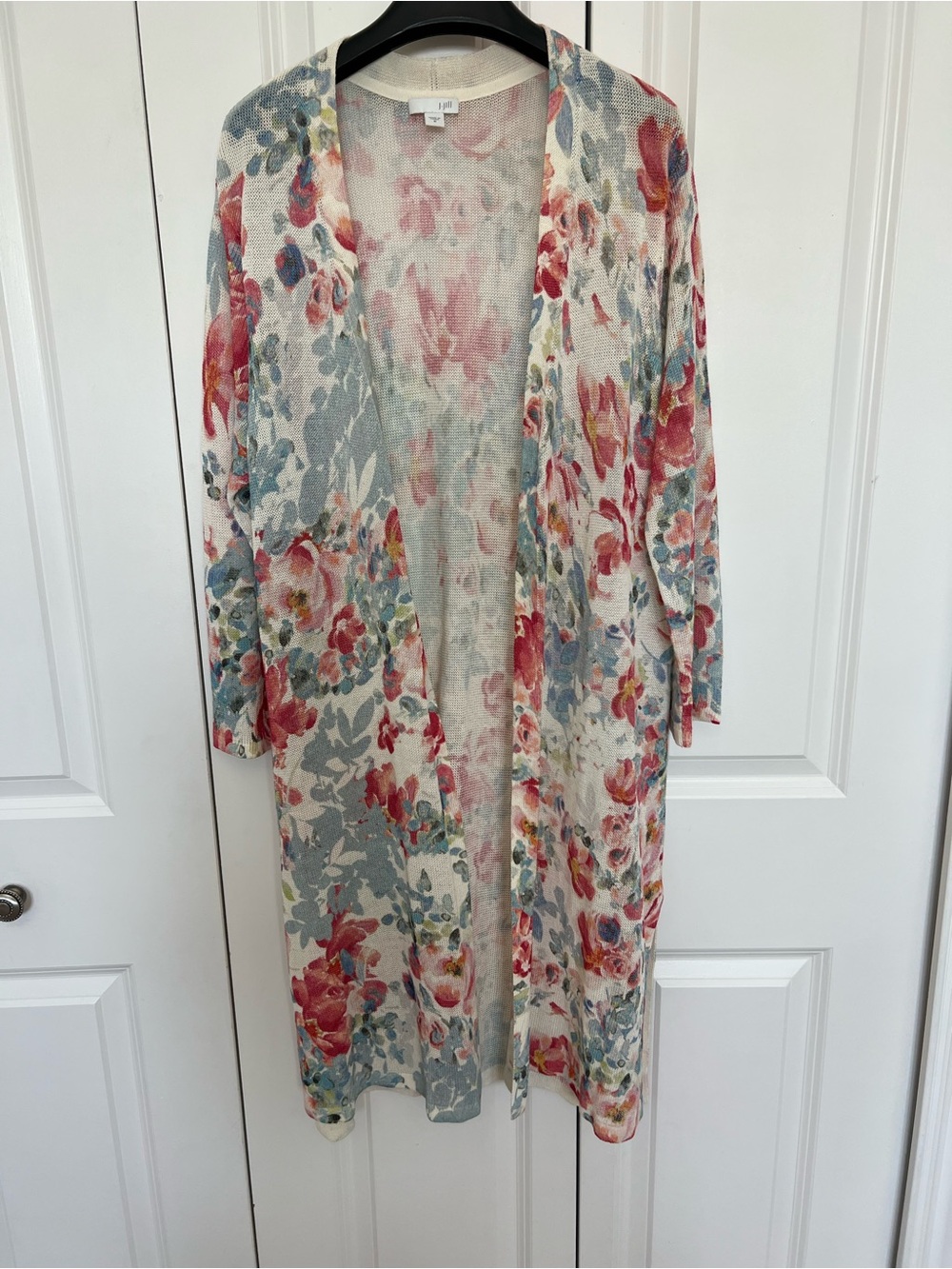 J. Jill Cream Multi Color Open-Knit Cardigan with Floral Detail